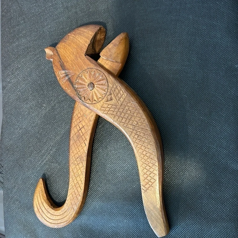 Vintage hand Carved Squirrel Wooden Nut Cracker Plier Design Detailed Folk art